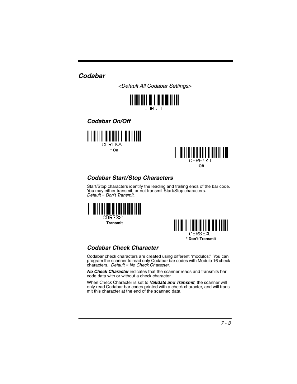 Codabar, Codabar -3, Codabar on/off codabar start/stop characters | Codabar check character | Honeywell XENON 1902 User Manual | Page 145 / 312