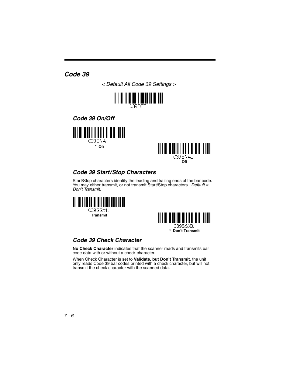 Code 39, Code 39 -6, Code 39 on/off code 39 start/stop characters | Code 39 check character | Honeywell XENON 1902 User Manual | Page 148 / 312