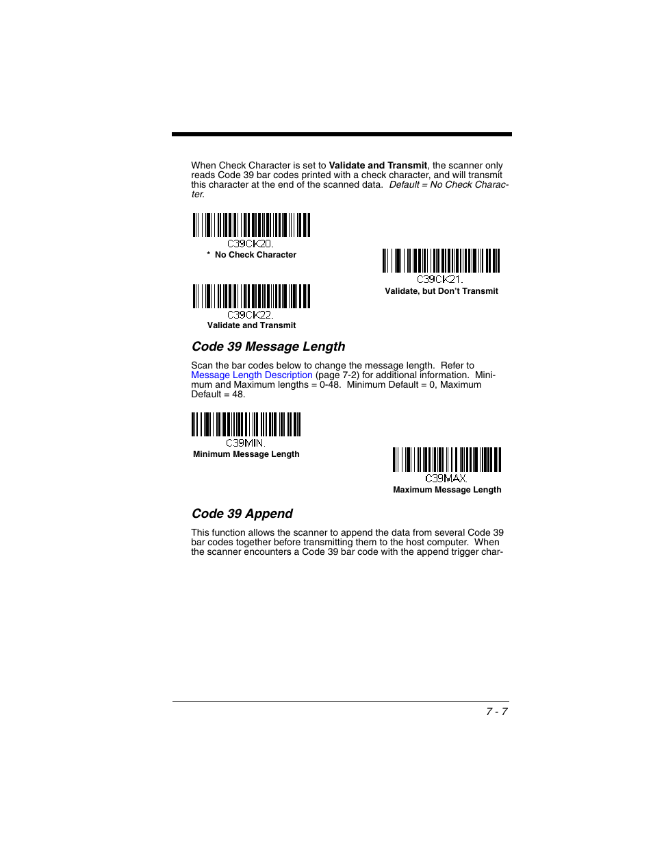 Code 39 message length, Code 39 append | Honeywell XENON 1902 User Manual | Page 149 / 312