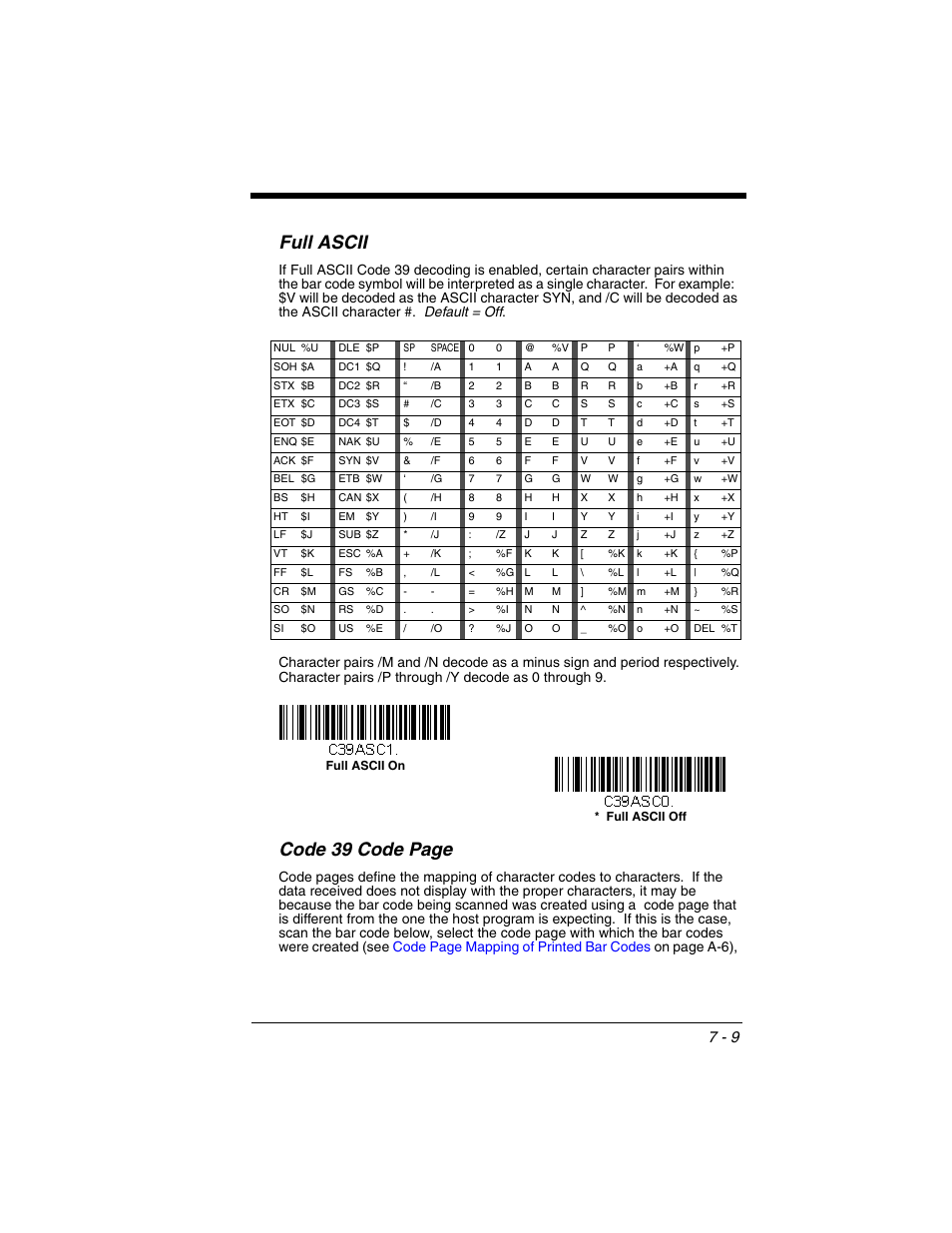 Full ascii, Code 39 code page | Honeywell XENON 1902 User Manual | Page 151 / 312