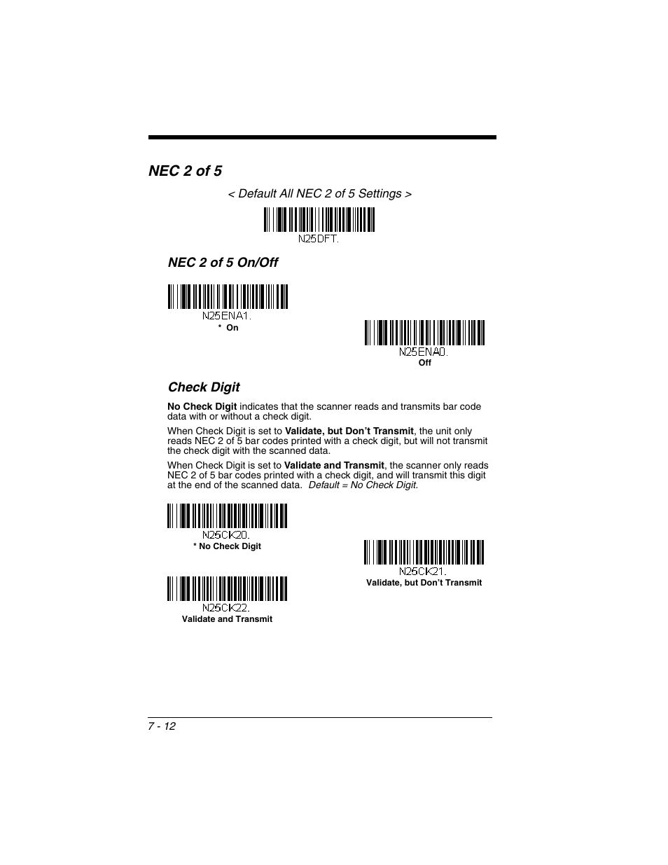 Nec 2 of 5, Nec 2 of 5 -12, Nec 2 of 5 on/off check digit | Honeywell XENON 1902 User Manual | Page 154 / 312