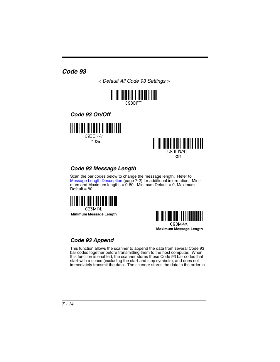 Code 93, Code 93 -14, Code 93 on/off code 93 message length | Code 93 append | Honeywell XENON 1902 User Manual | Page 156 / 312