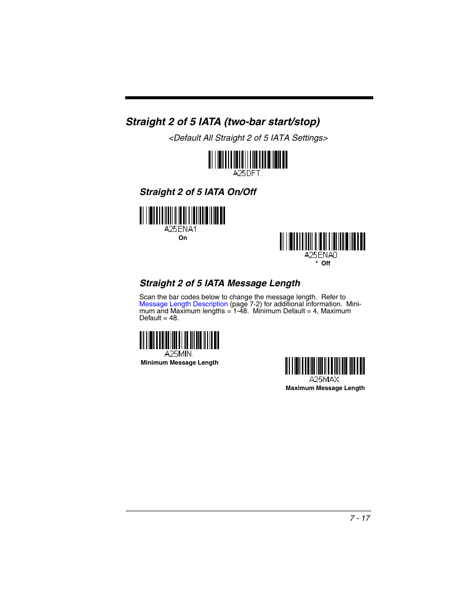 Straight 2 of 5 iata (two-bar start/stop), Straight 2 of 5 iata (two-bar start/stop) -17, Straight 2 of 5 iata (two-bar start/ stop) | Honeywell XENON 1902 User Manual | Page 159 / 312