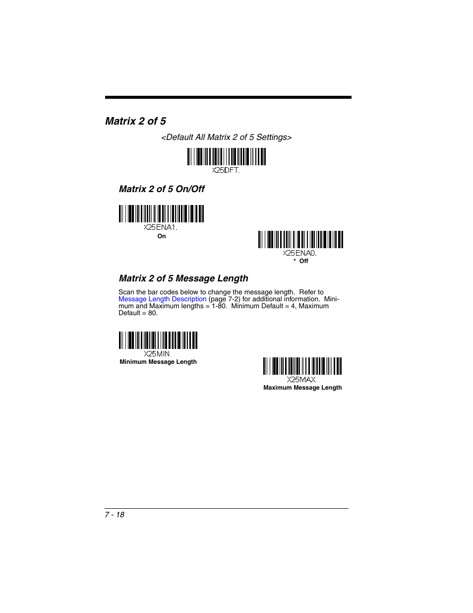 Matrix 2 of 5, Matrix 2 of 5 -18, Matrix 2 of 5 on/off matrix 2 of 5 message length | Honeywell XENON 1902 User Manual | Page 160 / 312