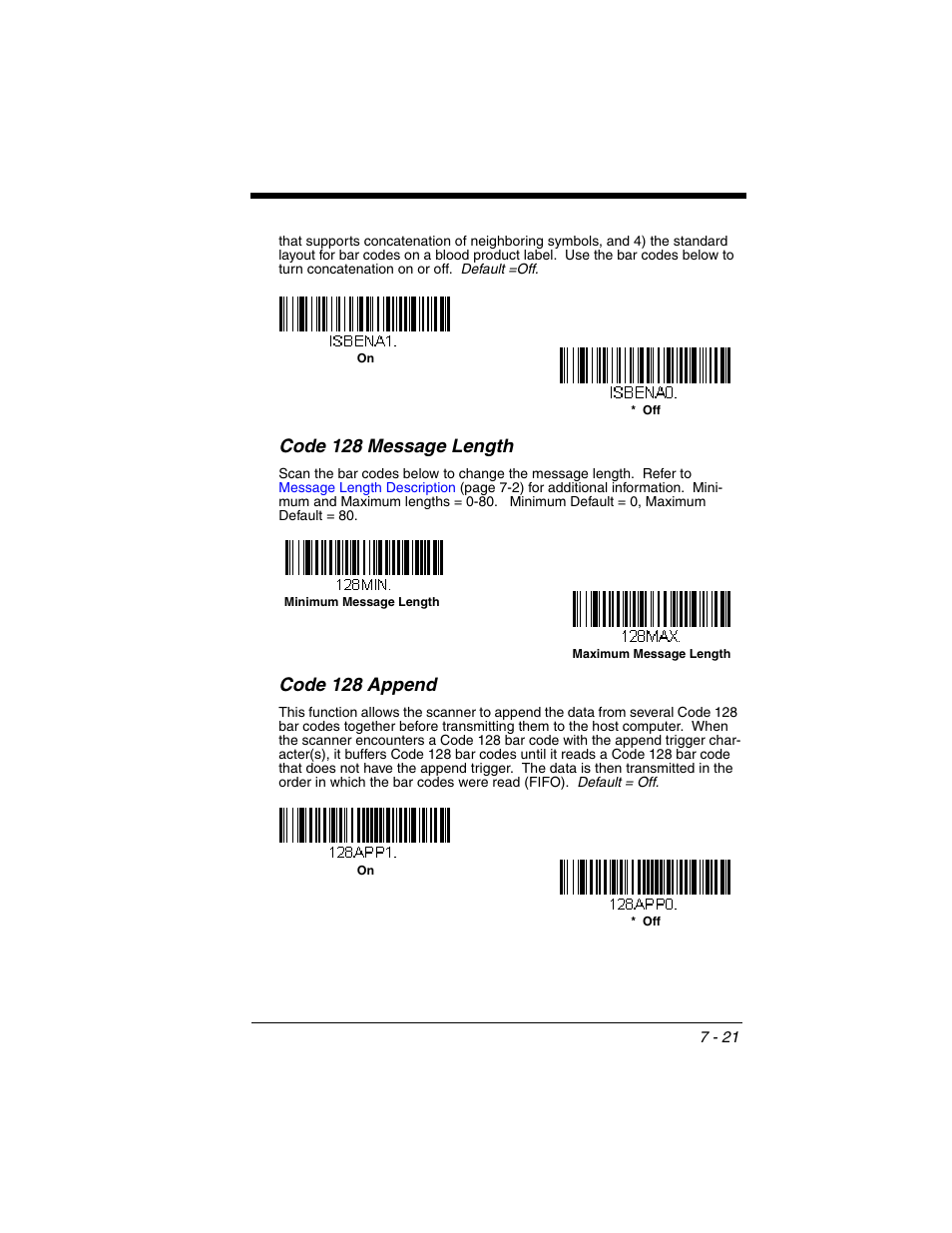 Code 128 message length, Code 128 append | Honeywell XENON 1902 User Manual | Page 163 / 312