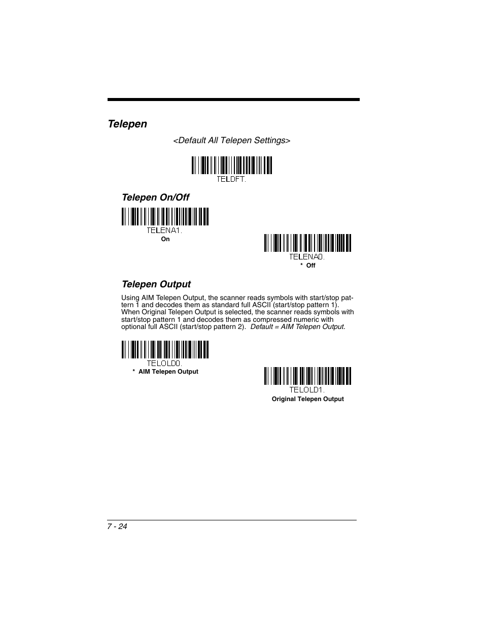Telepen, Telepen -24, Telepen on/off telepen output | Honeywell XENON 1902 User Manual | Page 166 / 312