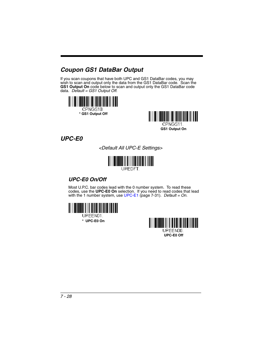Coupon gs1 databar output, Upc-e0, Coupon gs1 databar output -28 upc-e0 -28 | Upc-e0 on/off | Honeywell XENON 1902 User Manual | Page 170 / 312