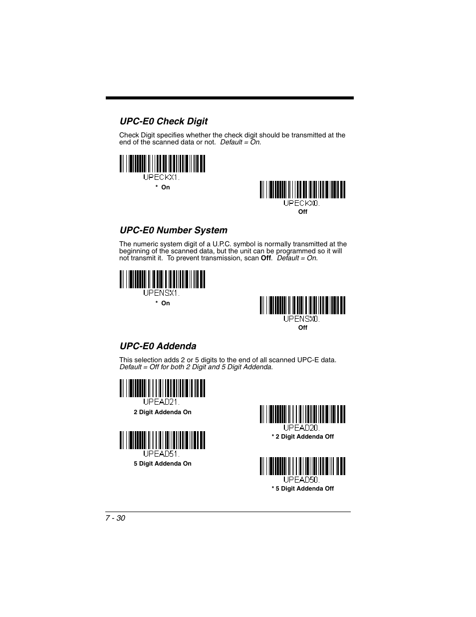 Upc-e0 check digit, Upc-e0 number system, Upc-e0 addenda | Honeywell XENON 1902 User Manual | Page 172 / 312