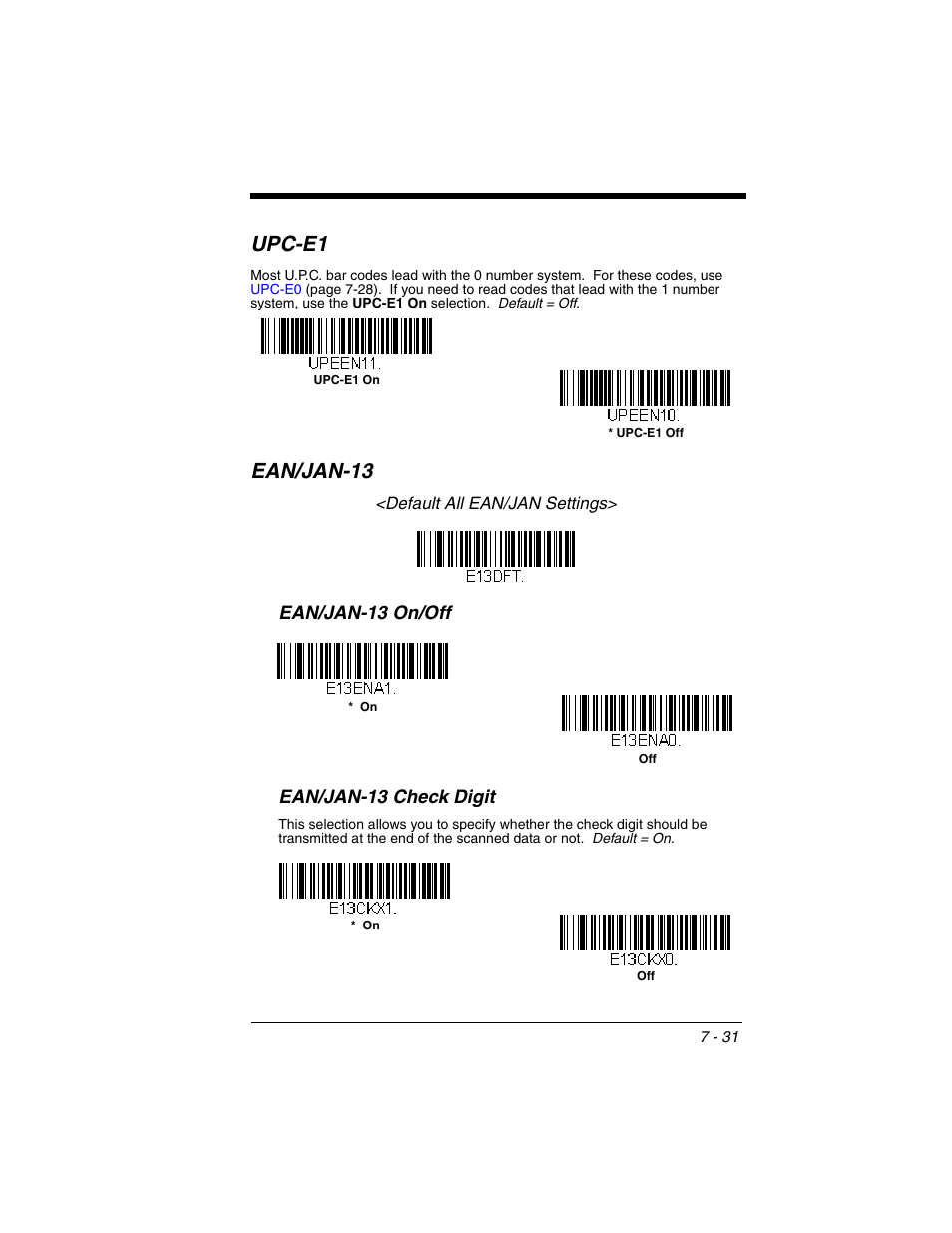 Upc-e1, Ean/jan-13, Upc-e1 -31 ean/jan-13 -31 | Ean/jan-13 on/off ean/jan-13 check digit | Honeywell XENON 1902 User Manual | Page 173 / 312