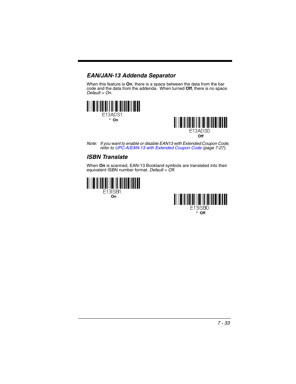 Isbn translate, Isbn translate -33, Ean/jan-13 addenda separator | Honeywell XENON 1902 User Manual | Page 175 / 312