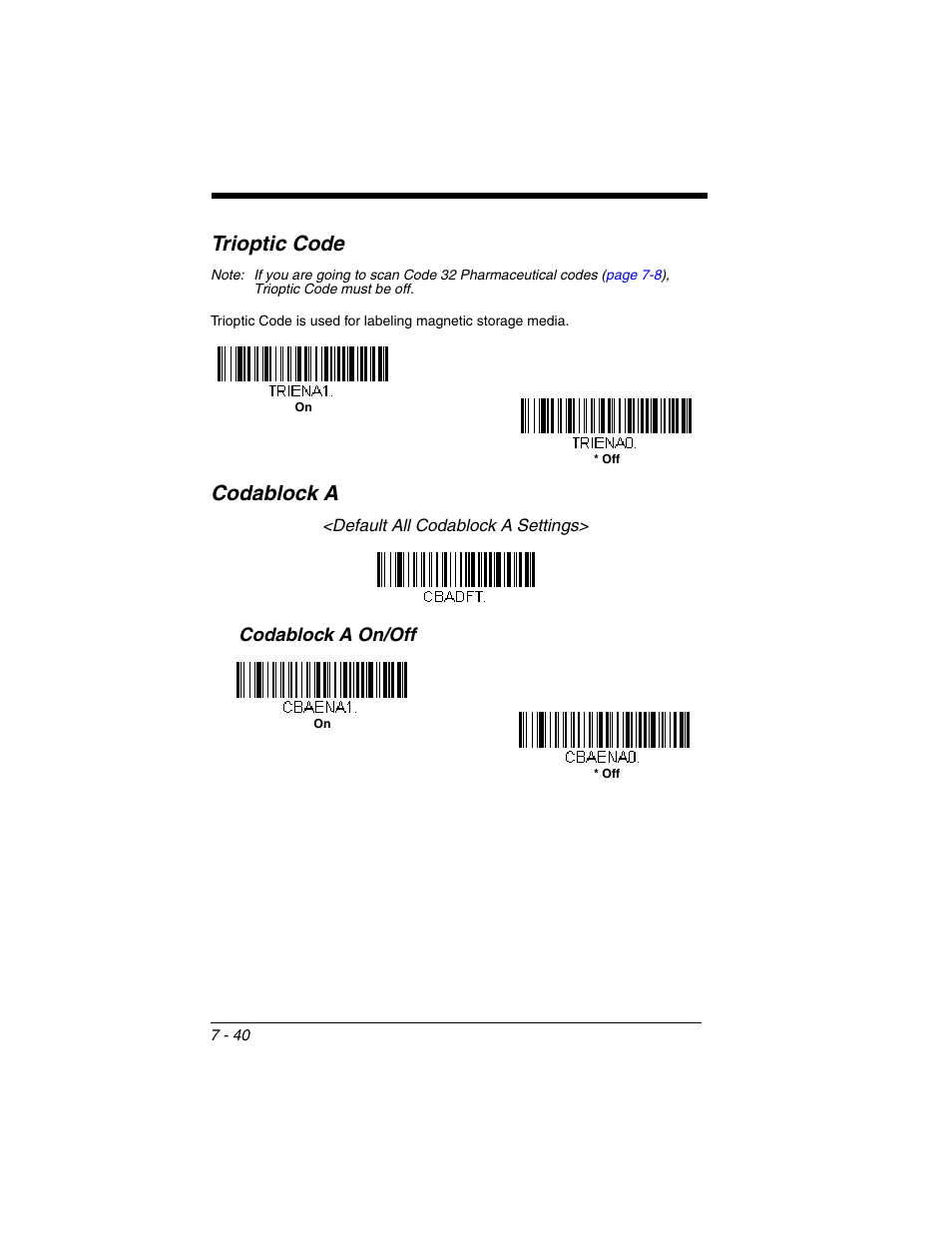 Trioptic code, Codablock a, Trioptic code -40 codablock a -40 | Codablock a on/off | Honeywell XENON 1902 User Manual | Page 182 / 312