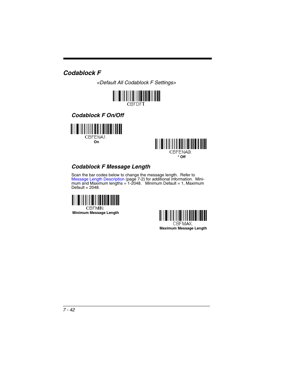 Codablock f, Codablock f -42, Codablock f on/off codablock f message length | Honeywell XENON 1902 User Manual | Page 184 / 312