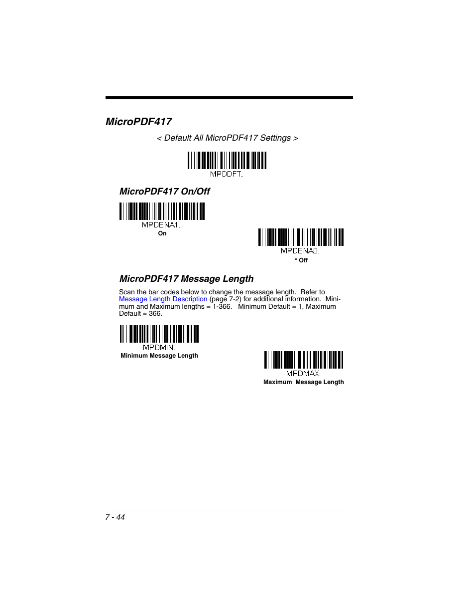 Micropdf417, Micropdf417 -44 | Honeywell XENON 1902 User Manual | Page 186 / 312