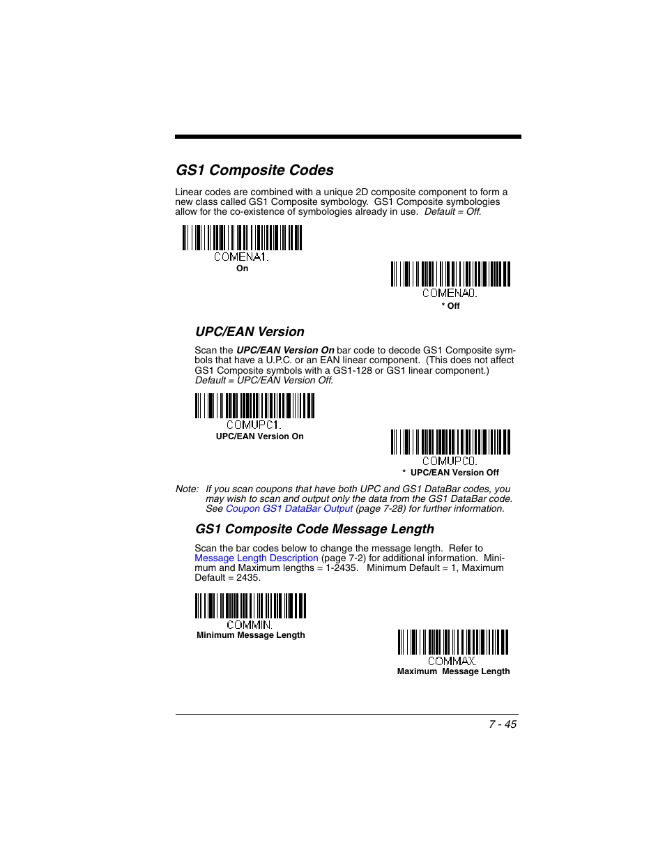 Gs1 composite codes, Upc/ean version, Gs1 composite codes -45 | Upc/ean version -45, Gs1 composite code message length | Honeywell XENON 1902 User Manual | Page 187 / 312