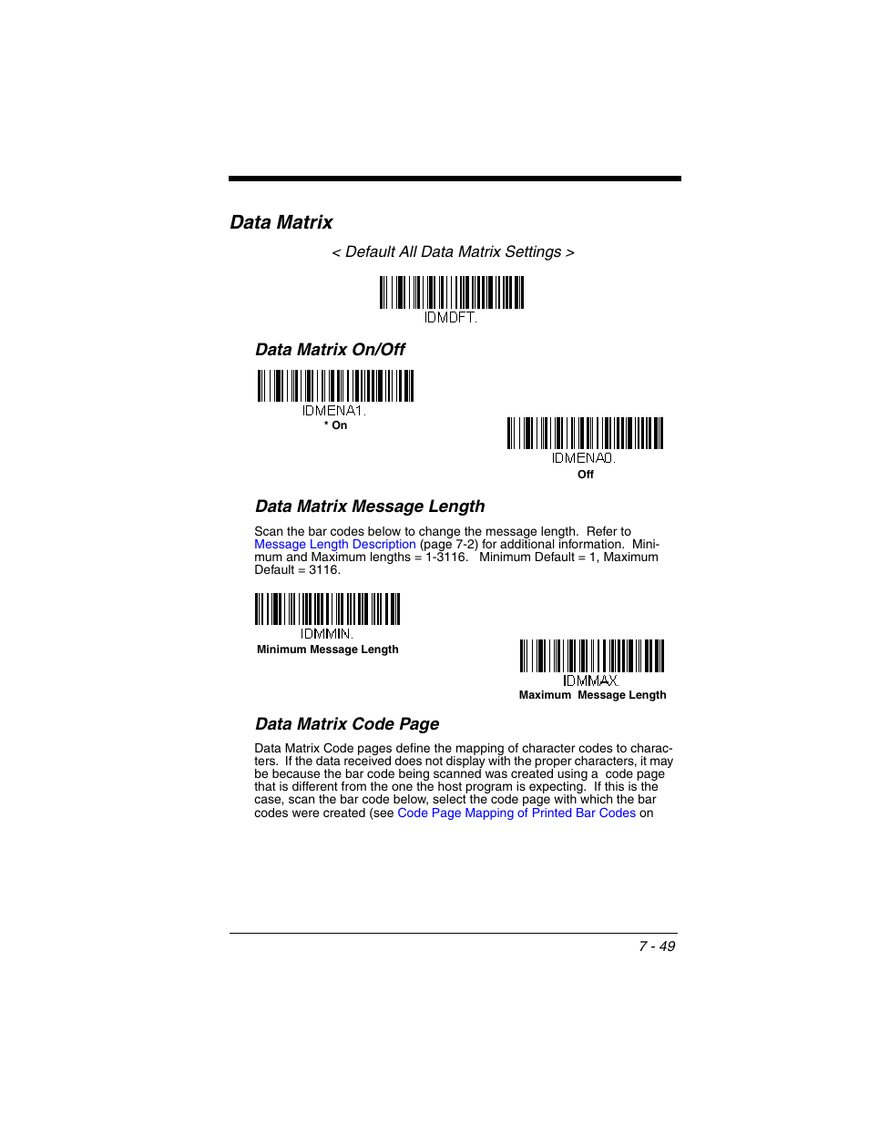 Data matrix, Data matrix -49, Data matrix on/off data matrix message length | Data matrix code page | Honeywell XENON 1902 User Manual | Page 191 / 312