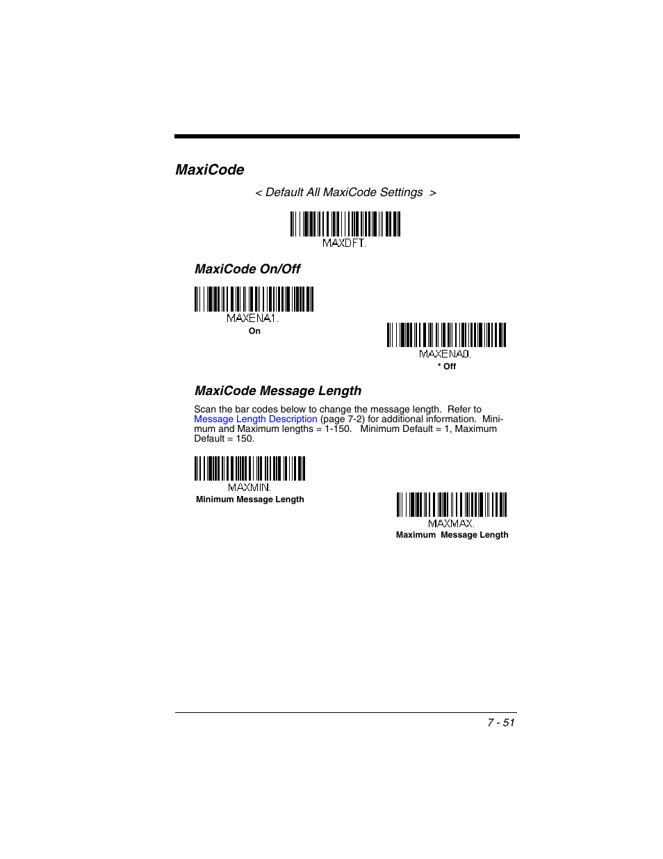 Maxicode, Maxicode -51, Maxicode on/off maxicode message length | Honeywell XENON 1902 User Manual | Page 193 / 312