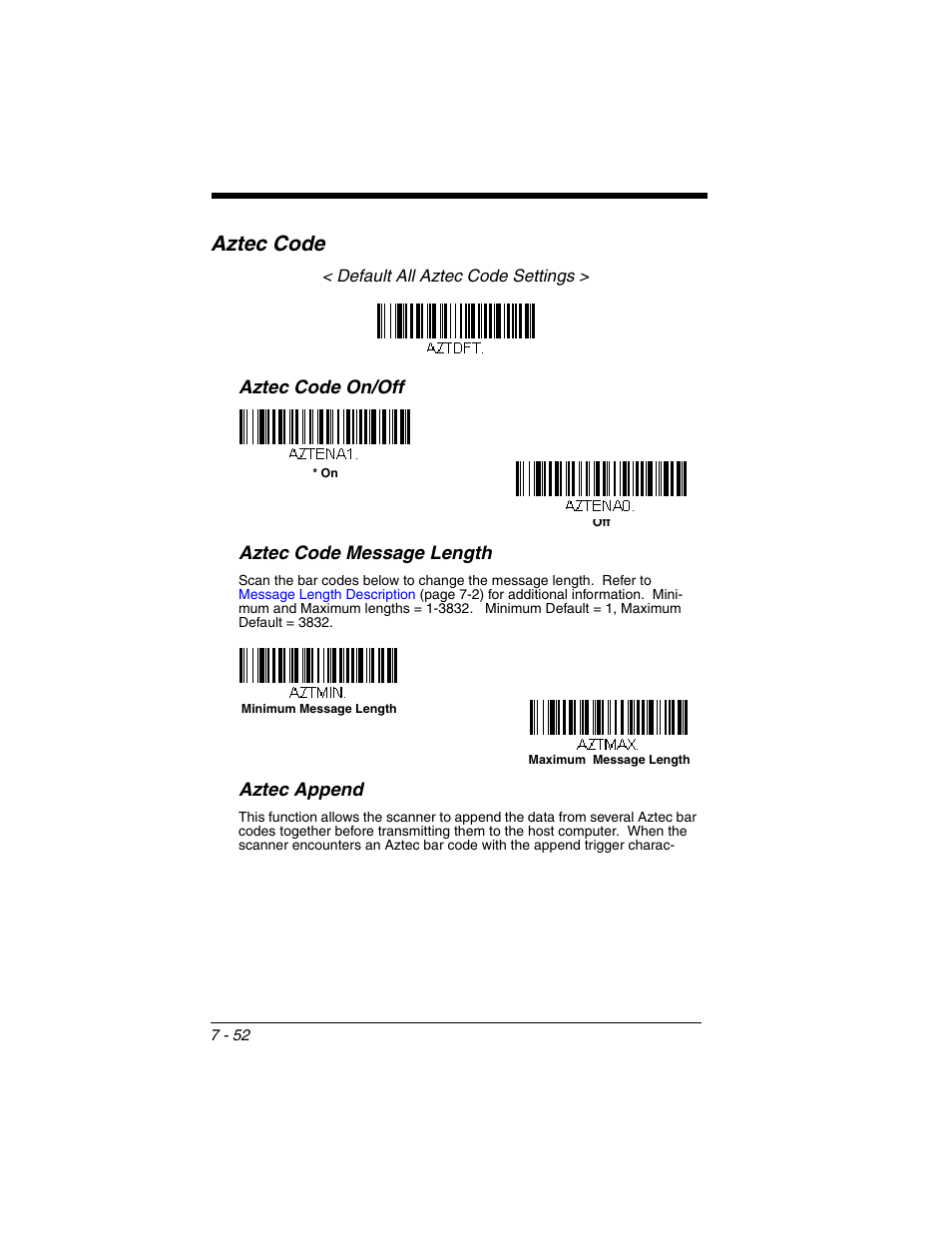 Aztec code, Aztec code -52, Aztec code on/off aztec code message length | Aztec append | Honeywell XENON 1902 User Manual | Page 194 / 312