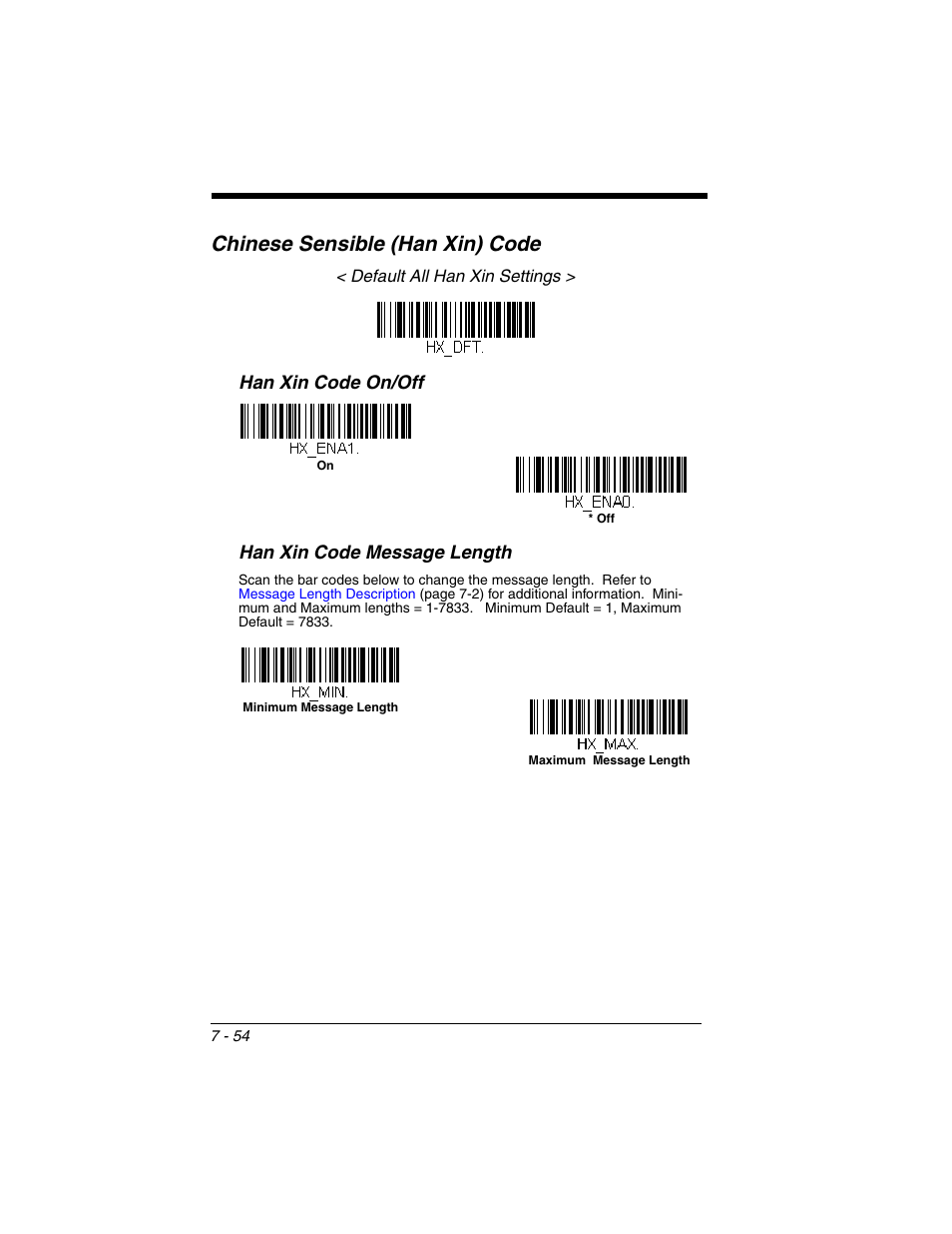 Chinese sensible (han xin) code, Chinese sensible (han xin) code -54, Han xin code on/off han xin code message length | Honeywell XENON 1902 User Manual | Page 196 / 312