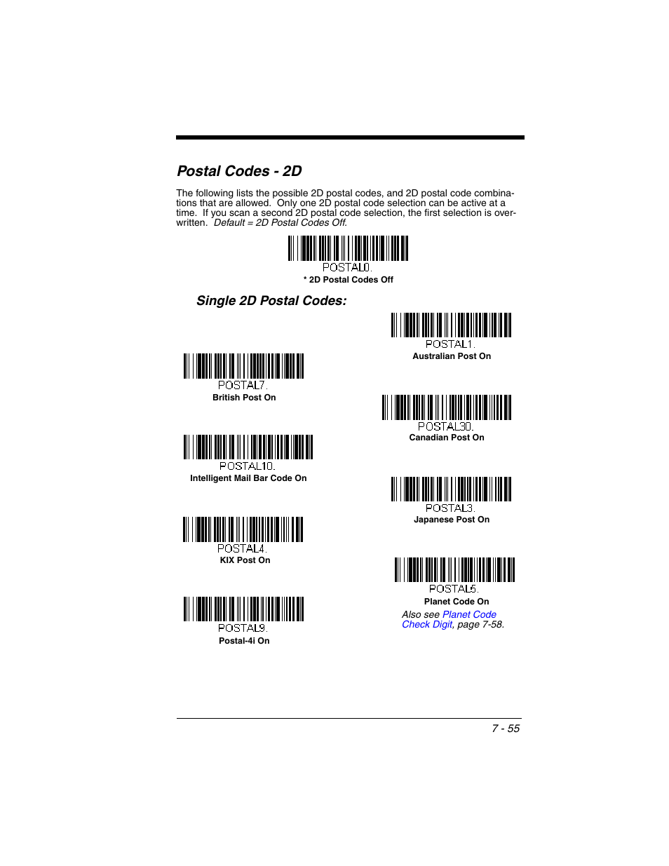 Postal codes - 2d, Single 2d postal codes, Postal codes - 2d -55 | Single 2d postal codes: -55 | Honeywell XENON 1902 User Manual | Page 197 / 312