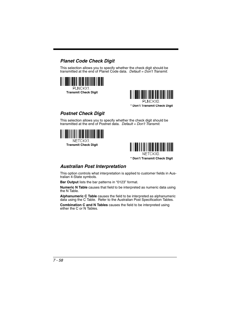 Also see, Planet code, Check digit | Planet code check digit, Postnet check digit, Australian post interpretation | Honeywell XENON 1902 User Manual | Page 200 / 312