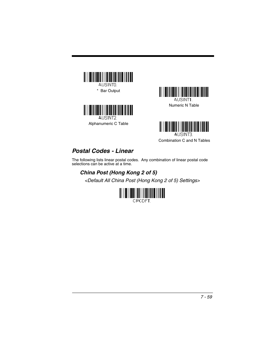 Postal codes - linear, China post (hong kong 2 of 5), Postal codes - linear -59 | China post (hong kong 2 of 5) -59 | Honeywell XENON 1902 User Manual | Page 201 / 312