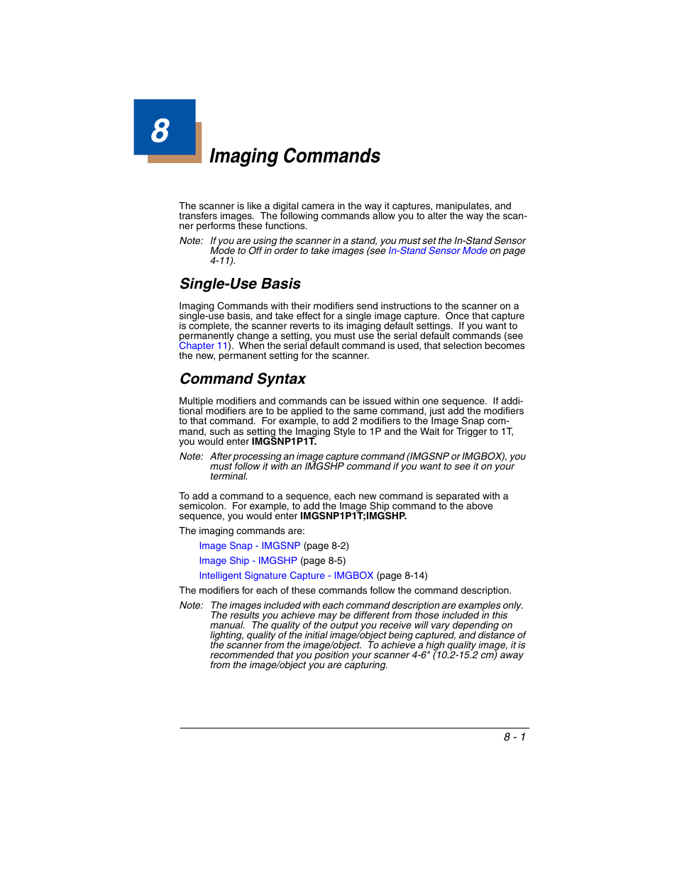 Imaging commands, Single-use basis, Command syntax | Chapter 8 - imaging commands, Single-use basis -1 command syntax -1, F you are taking images (see, 1), you must set the | Honeywell XENON 1902 User Manual | Page 205 / 312
