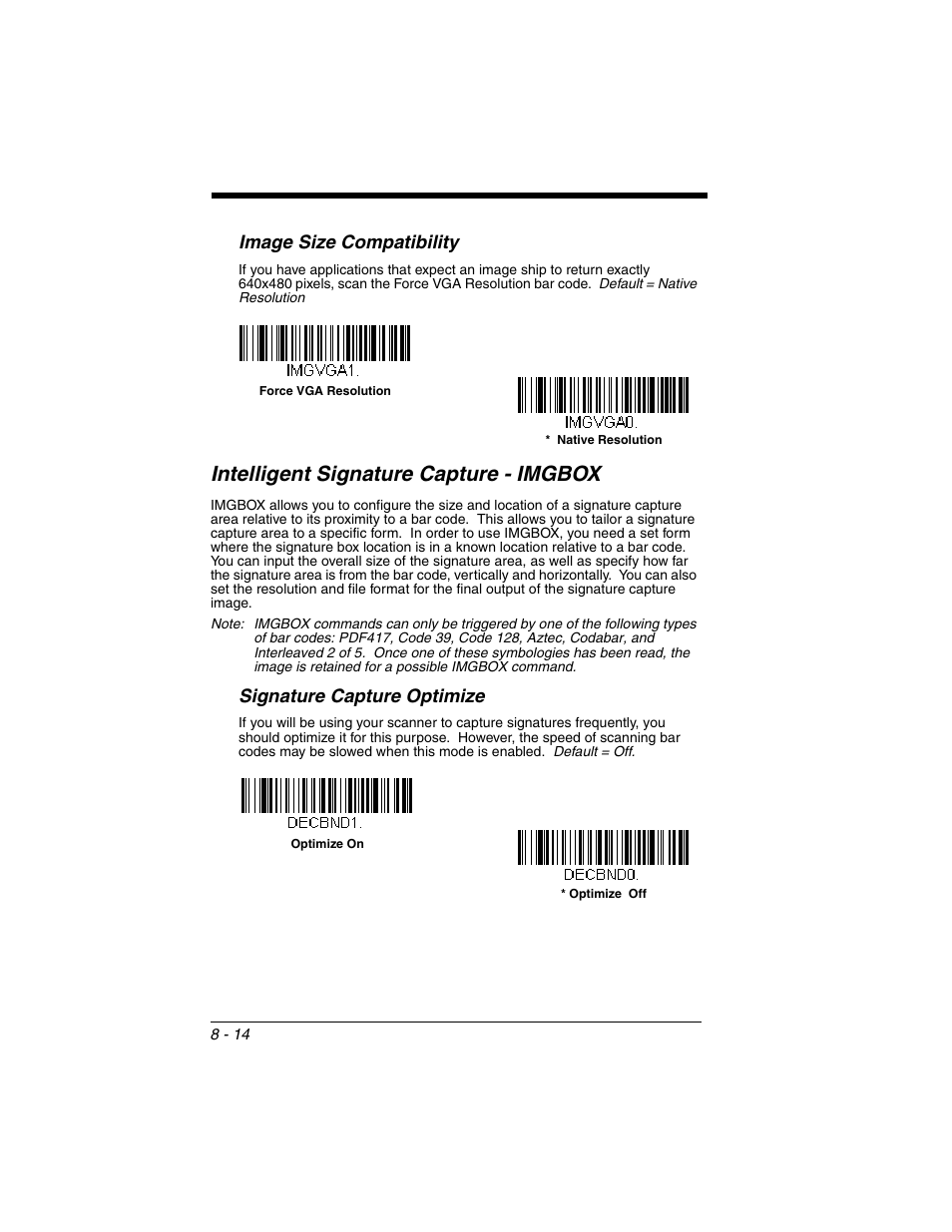 Intelligent signature capture - imgbox, Signature capture optimize, Intelligent signature capture - imgbox -14 | Signature capture optimize -14, Image size compatibility | Honeywell XENON 1902 User Manual | Page 218 / 312