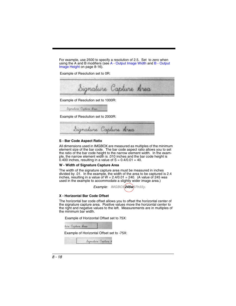 W - width of signature capture area | Honeywell XENON 1902 User Manual | Page 222 / 312