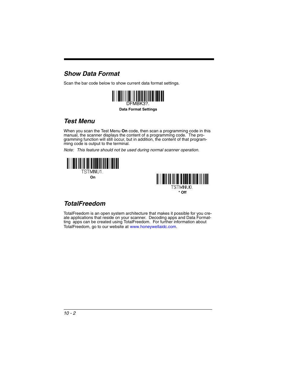 Show data format, Test menu, Totalfreedom | Show data format -2 test menu -2 totalfreedom -2 | Honeywell XENON 1902 User Manual | Page 234 / 312