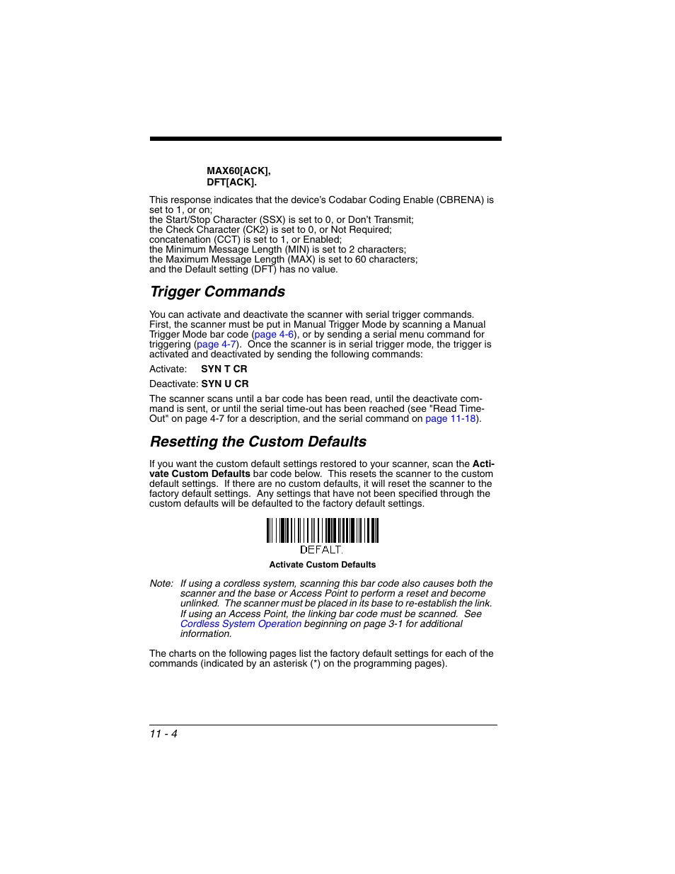 Trigger commands, Resetting the custom defaults | Honeywell XENON 1902 User Manual | Page 242 / 312