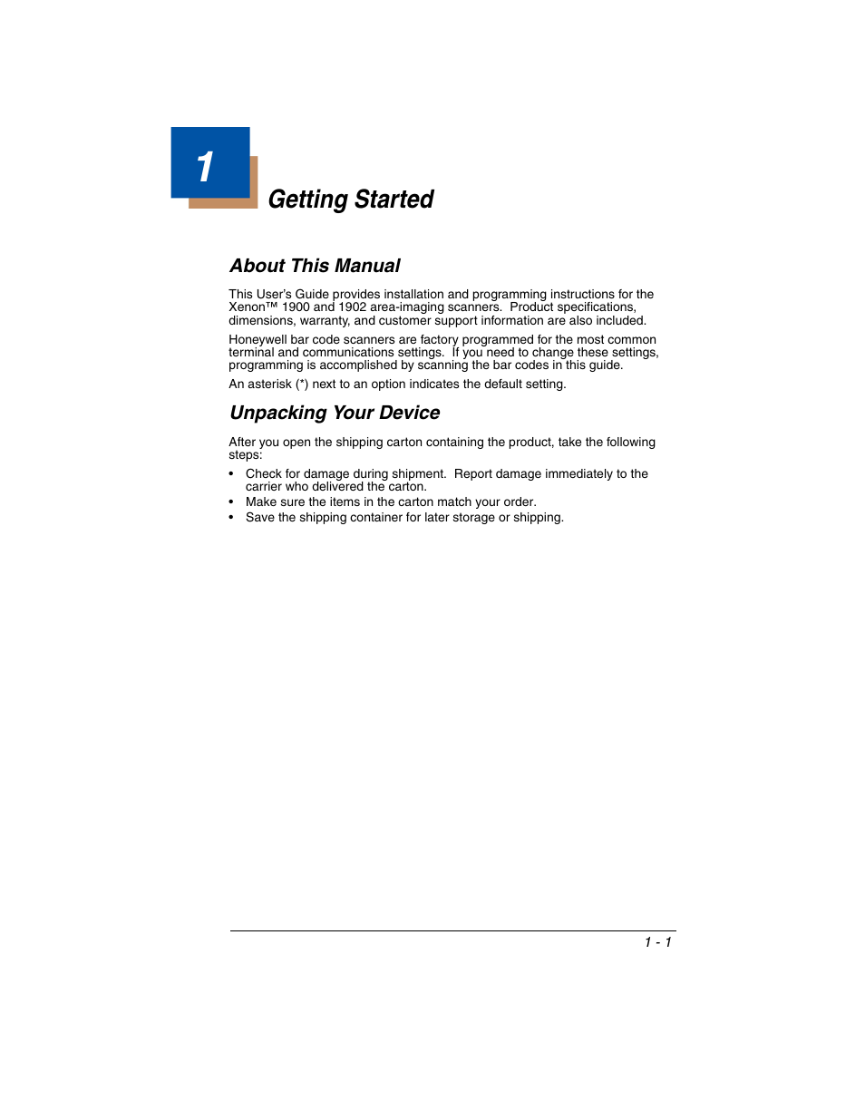 Getting started, About this manual, Unpacking your device | Chapter 1 - getting started, About this manual -1 unpacking your device -1 | Honeywell XENON 1902 User Manual | Page 25 / 312