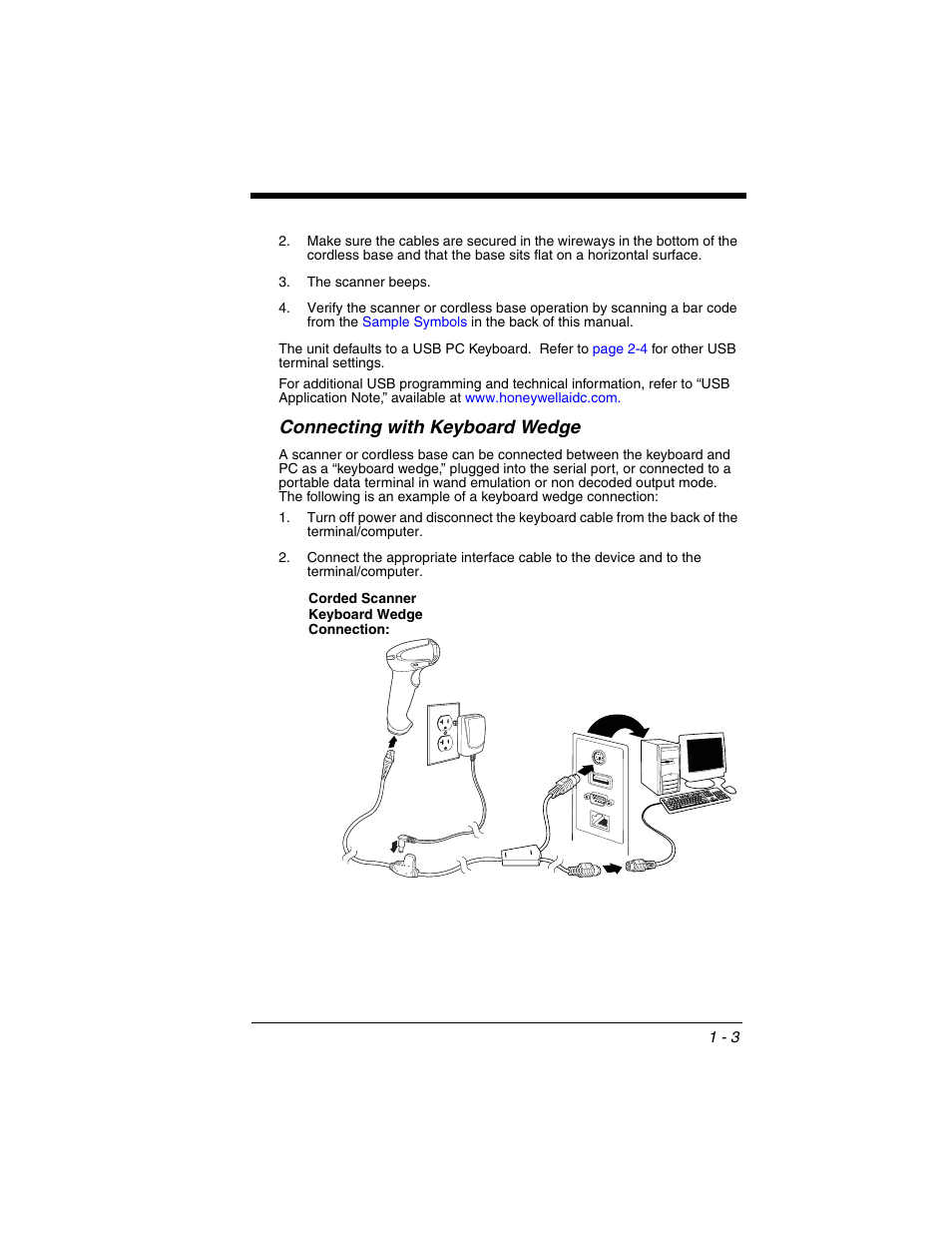 Connecting with keyboard wedge, Connecting with keyboard wedge -3 | Honeywell XENON 1902 User Manual | Page 27 / 312