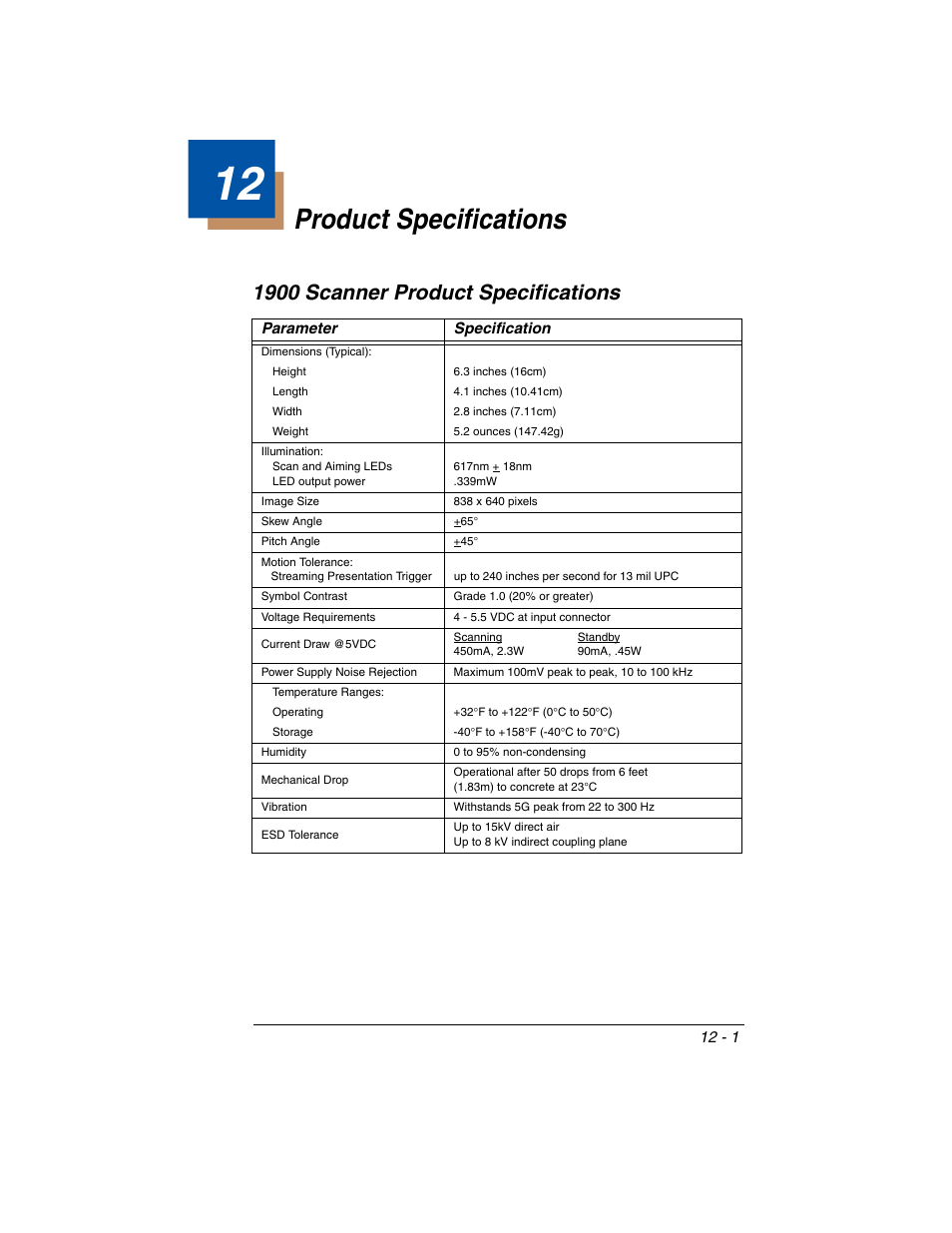 Product specifications, 1900 scanner product specifications, Chapter 12 - product specifications | 1900 scanner product specifications -1 | Honeywell XENON 1902 User Manual | Page 281 / 312