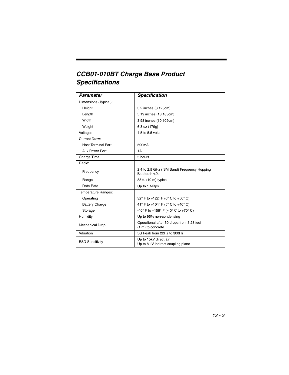 Ccb01-010bt charge base product specifications, Ccb01-010bt charge base, Product specifications -3 | Parameter specification | Honeywell XENON 1902 User Manual | Page 283 / 312