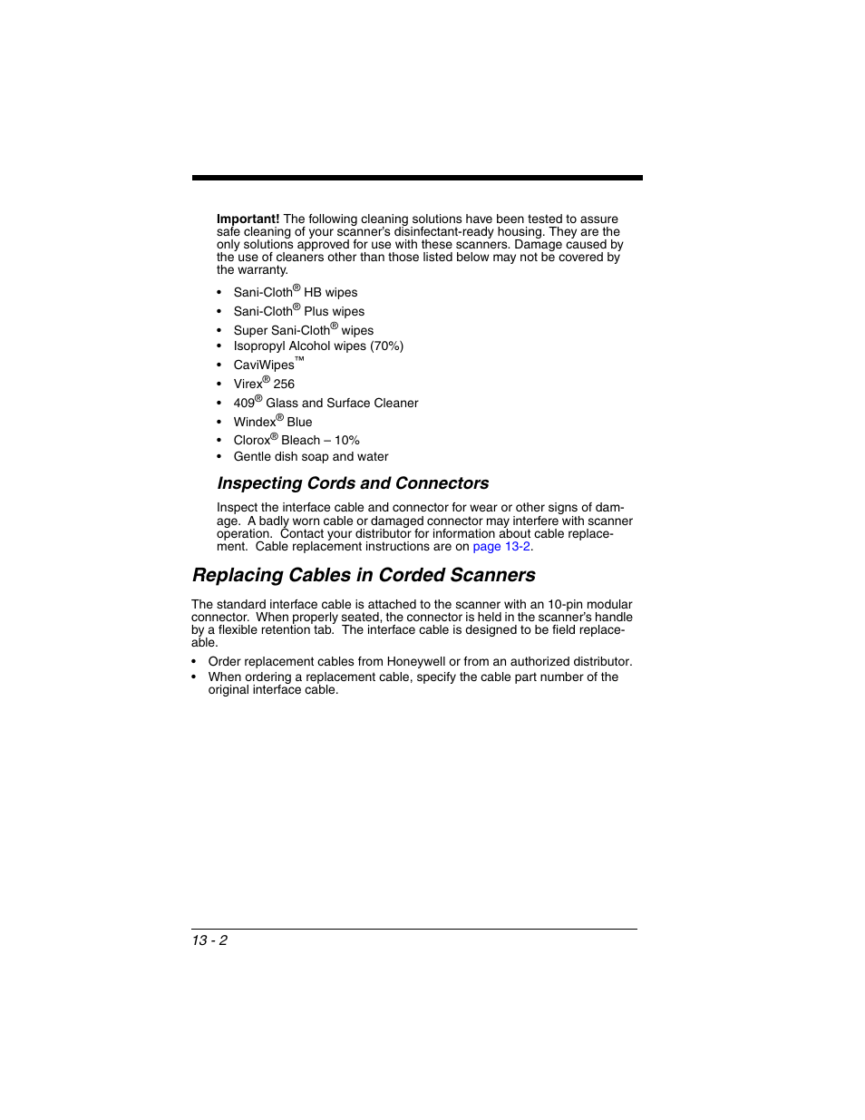 Inspecting cords and connectors, Replacing cables in corded scanners, Inspecting cords and connectors -2 | Replacing cables in corded scanners -2 | Honeywell XENON 1902 User Manual | Page 290 / 312