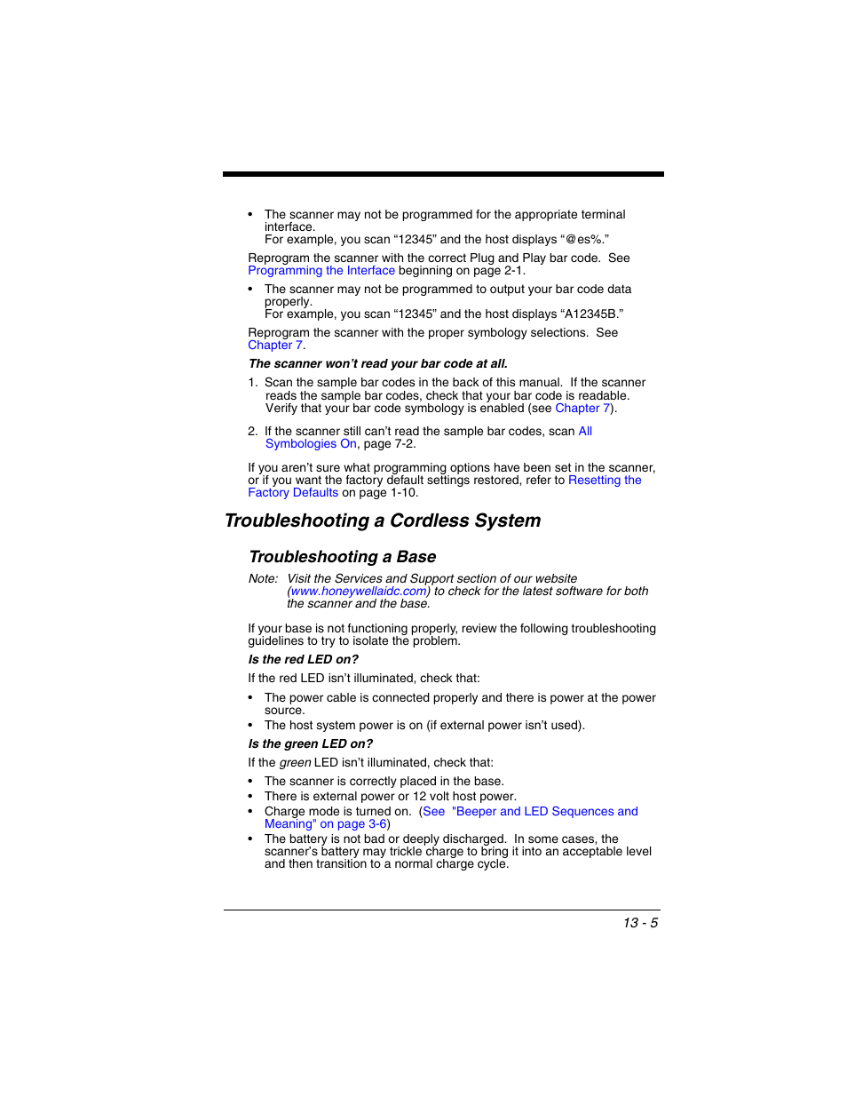 Troubleshooting a cordless system, Troubleshooting a base, Troubleshooting a cordless system -5 | Troubleshooting a base -5 | Honeywell XENON 1902 User Manual | Page 293 / 312