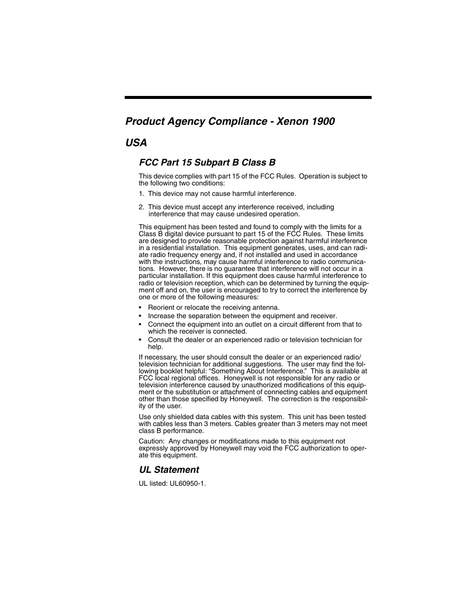 Product agency compliance - xenon 1900 usa, Fcc part 15 subpart b class b, Ul statement | Honeywell XENON 1902 User Manual | Page 3 / 312
