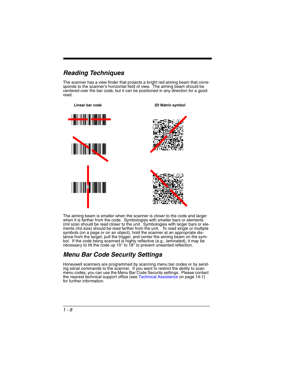 Reading techniques, Menu bar code security settings | Honeywell XENON 1902 User Manual | Page 32 / 312