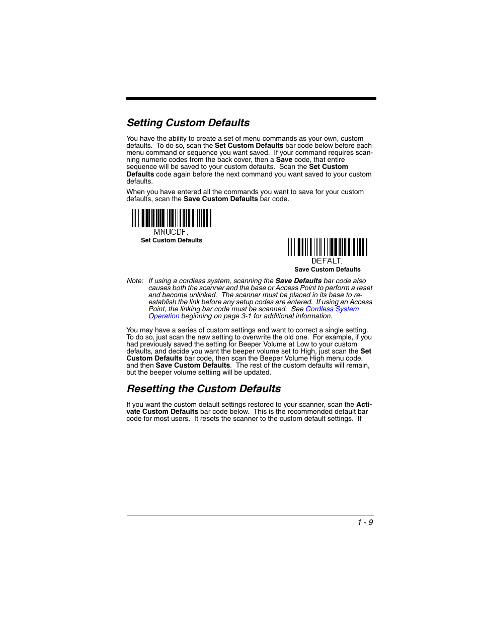 Setting custom defaults, Resetting the custom defaults | Honeywell XENON 1902 User Manual | Page 33 / 312