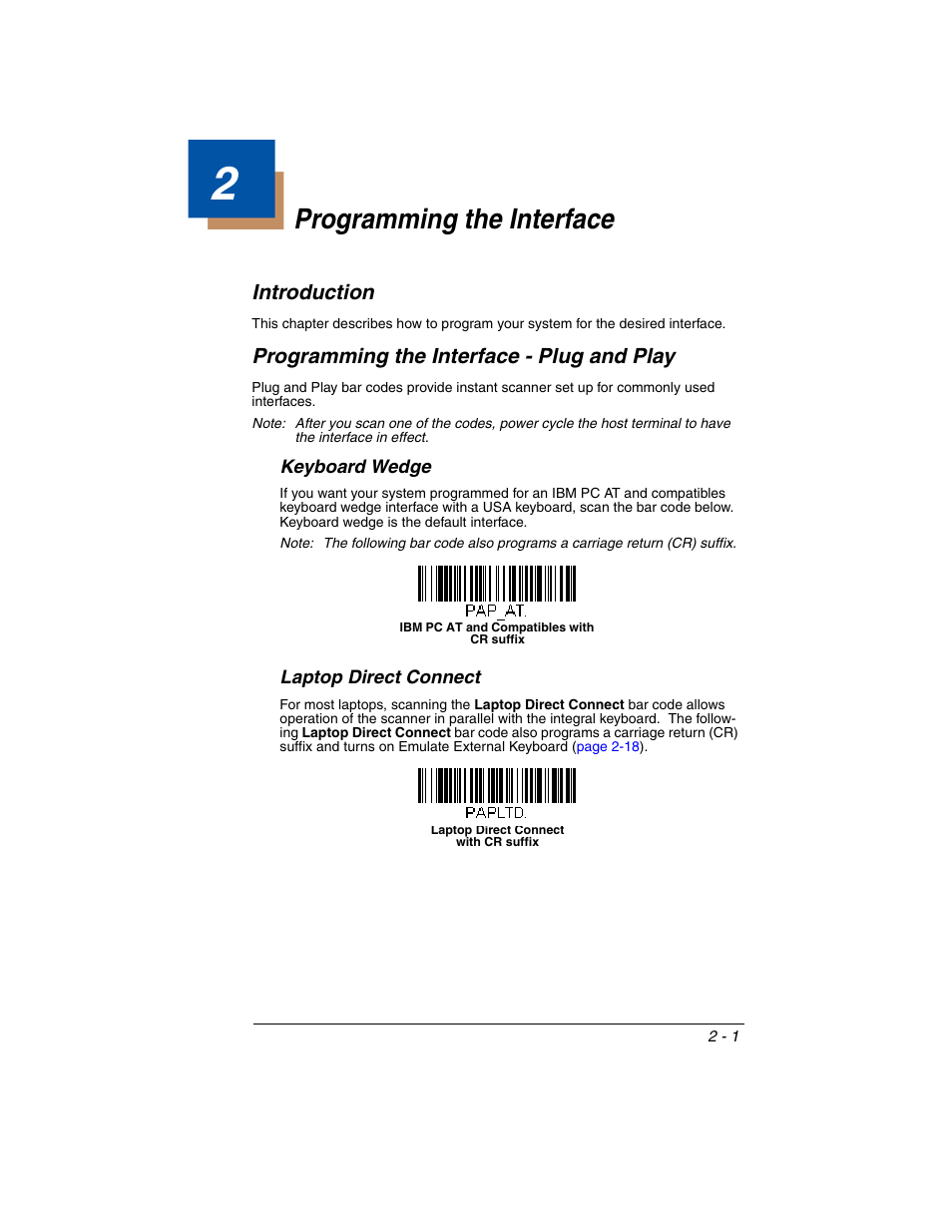 Programming the interface, Introduction, Programming the interface - plug and play | Keyboard wedge, Laptop direct connect, Chapter 2 - programming the interface, Keyboard wedge -1 laptop direct connect -1 | Honeywell XENON 1902 User Manual | Page 35 / 312