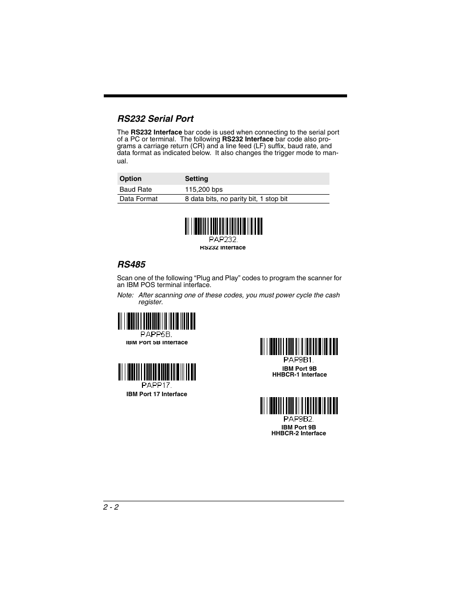 Rs232 serial port, Rs485, Rs232 serial port -2 rs485 -2 | R to | Honeywell XENON 1902 User Manual | Page 36 / 312