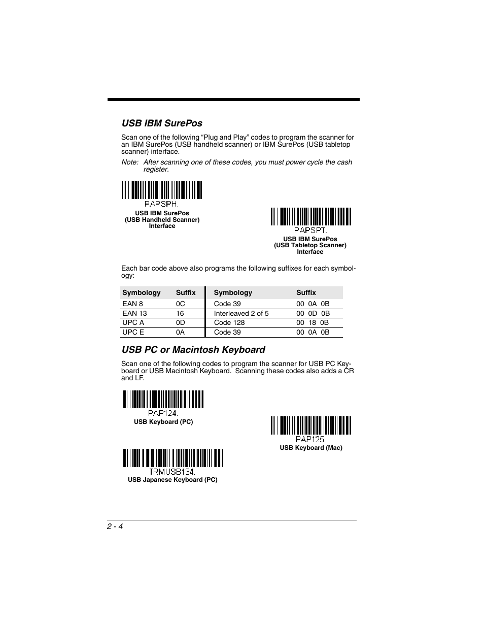 Usb ibm surepos, Usb pc or macintosh keyboard, Usb ibm surepos -4 usb pc or macintosh keyboard -4 | Honeywell XENON 1902 User Manual | Page 38 / 312