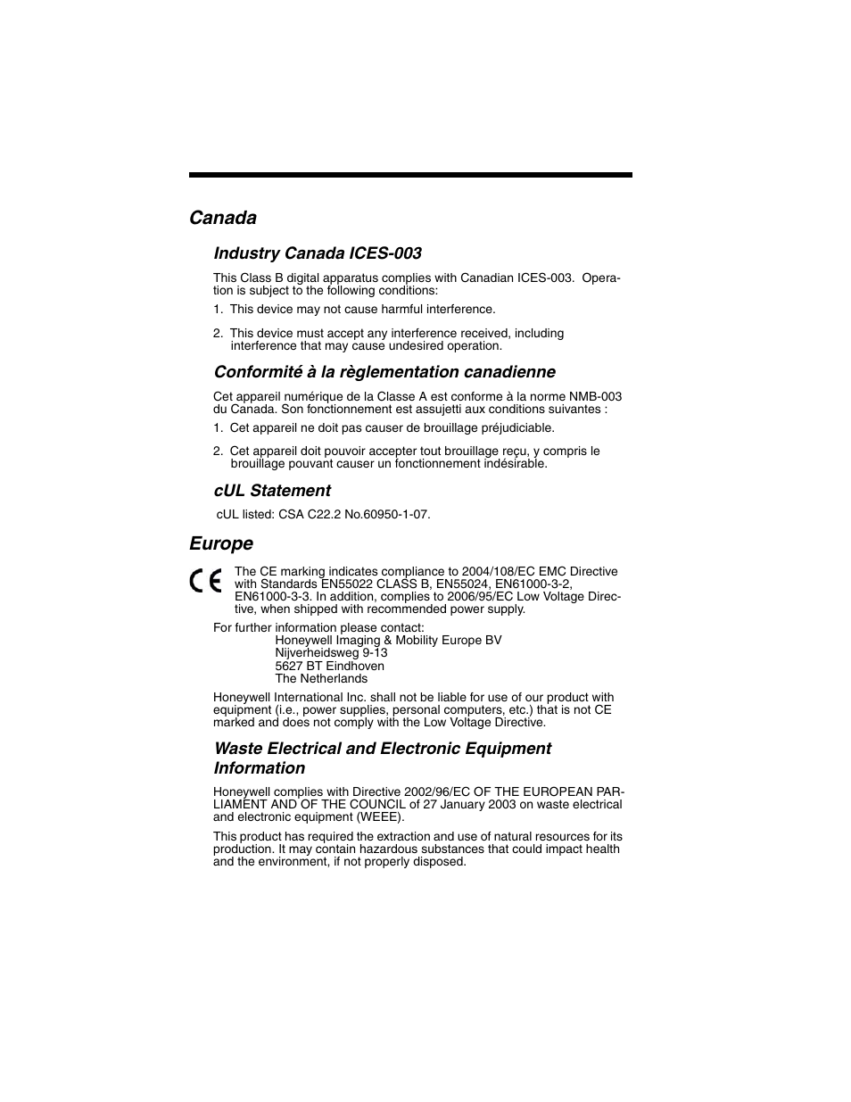 Canada, Europe | Honeywell XENON 1902 User Manual | Page 4 / 312