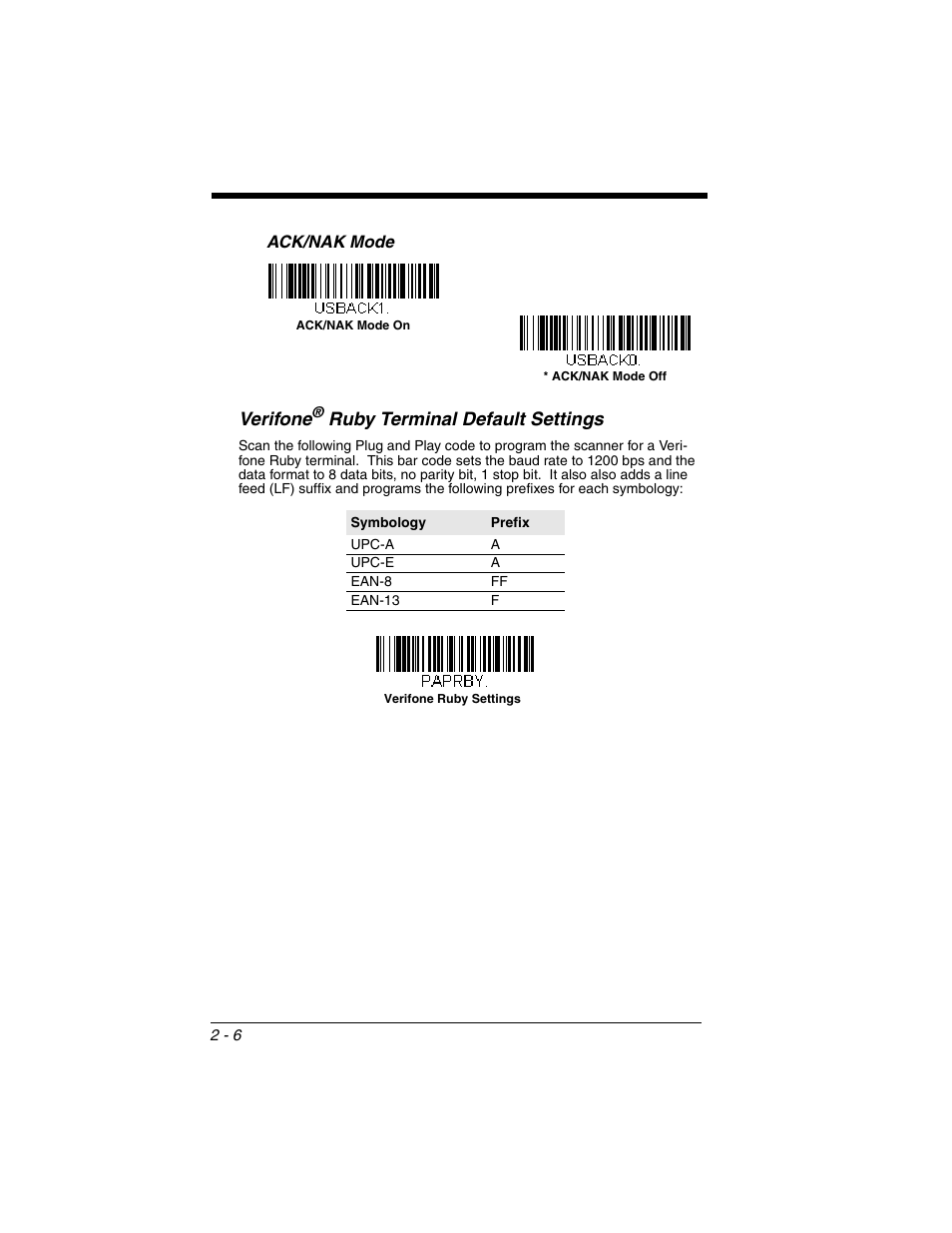 Verifone® ruby terminal default settings, Verifone, Ruby terminal default settings | Honeywell XENON 1902 User Manual | Page 40 / 312