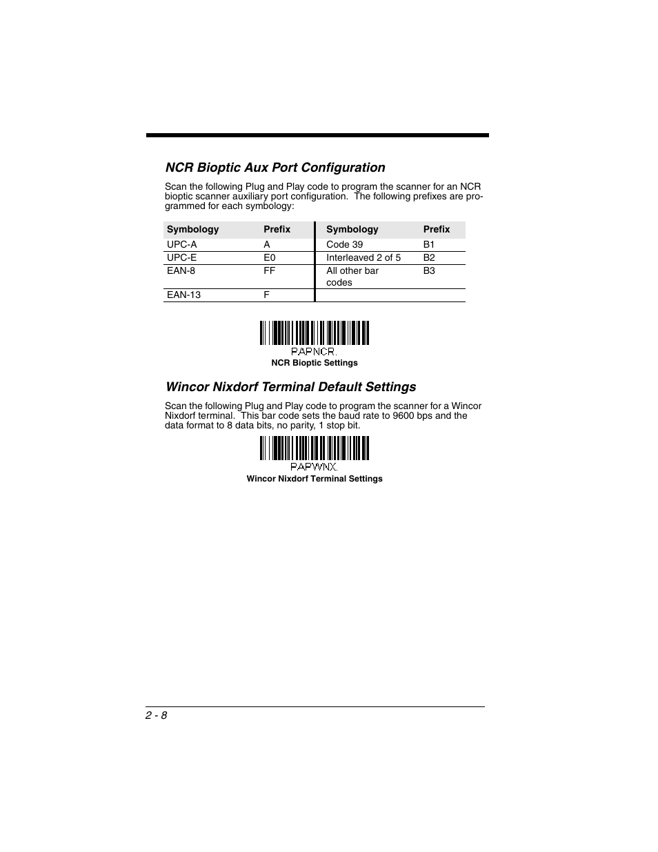 Ncr bioptic aux port configuration, Wincor nixdorf terminal default settings | Honeywell XENON 1902 User Manual | Page 42 / 312