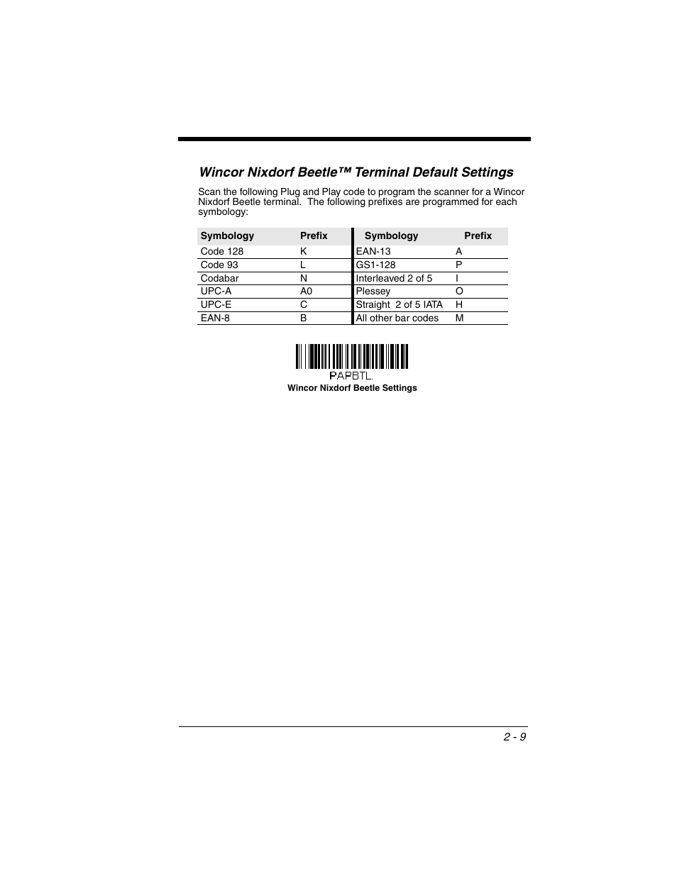 Wincor nixdorf beetle™ terminal default settings, Wincor nixdorf beetle™ terminal, Default settings -9 | Honeywell XENON 1902 User Manual | Page 43 / 312