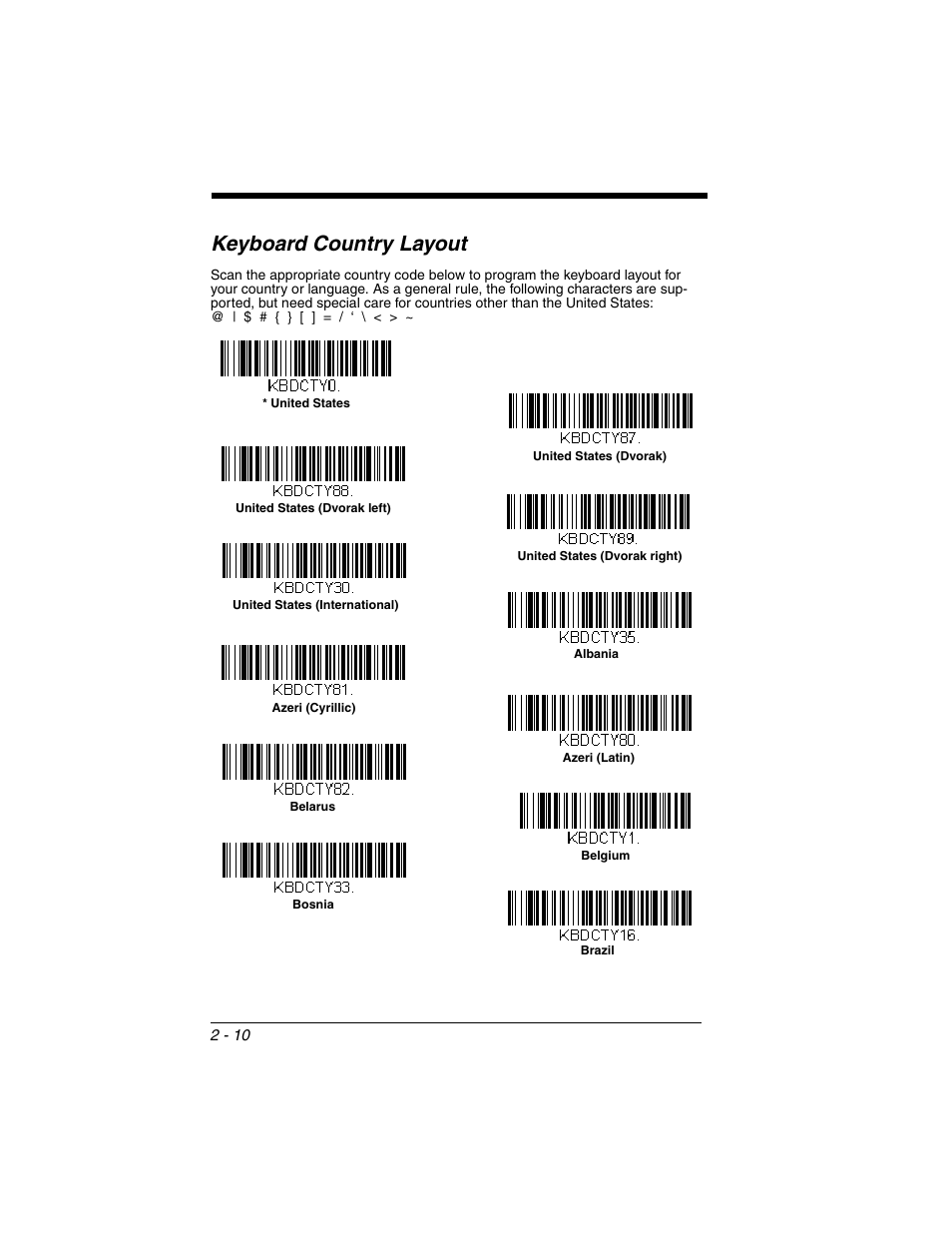 Keyboard country layout, Keyboard country layout -10 | Honeywell XENON 1902 User Manual | Page 44 / 312
