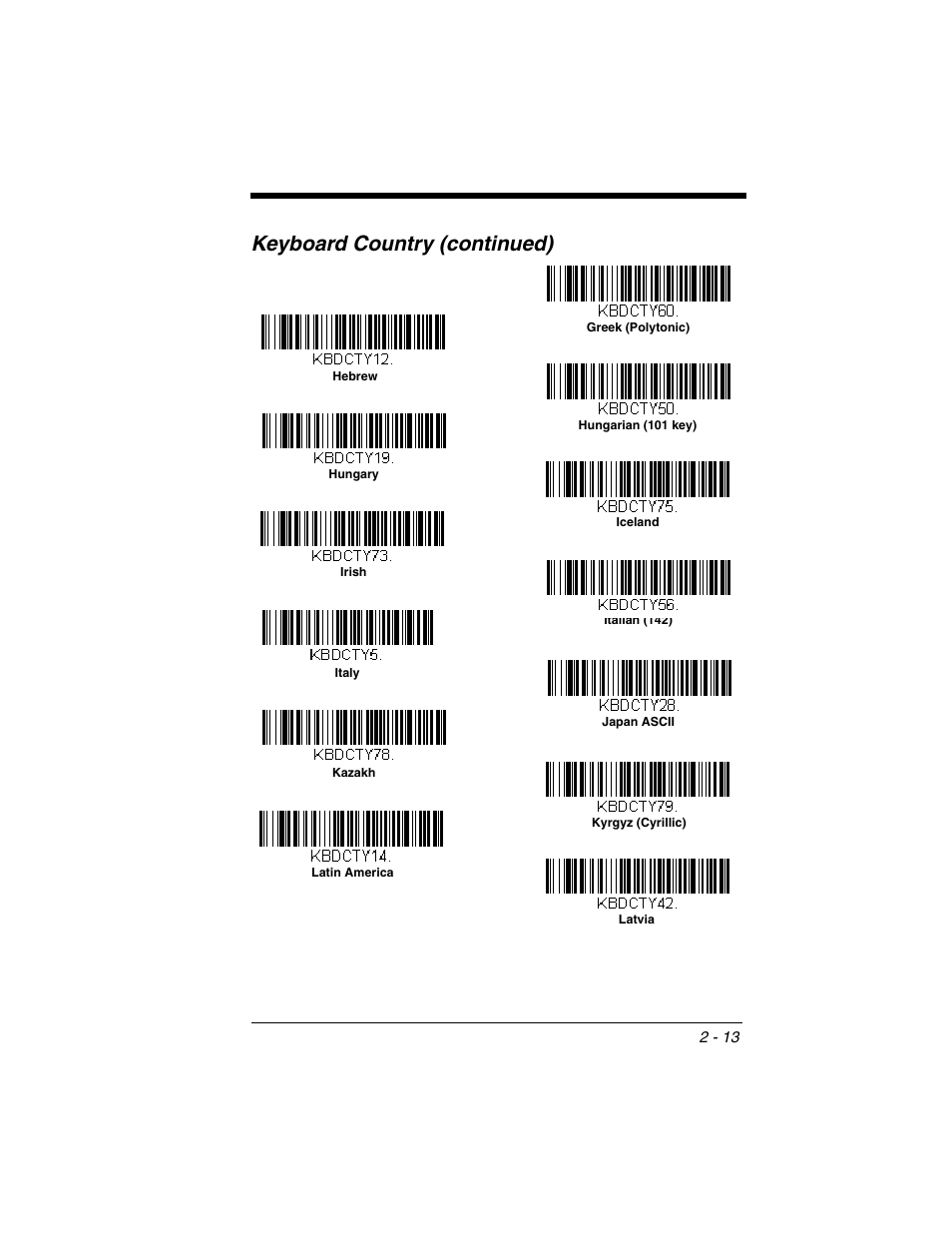 Keyboard country (continued) | Honeywell XENON 1902 User Manual | Page 47 / 312