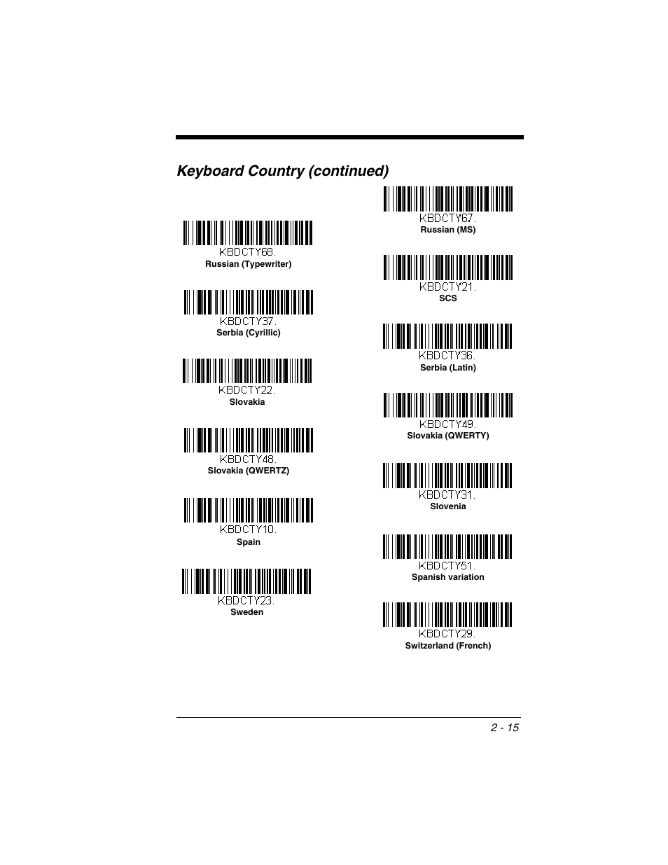 Keyboard country (continued) | Honeywell XENON 1902 User Manual | Page 49 / 312