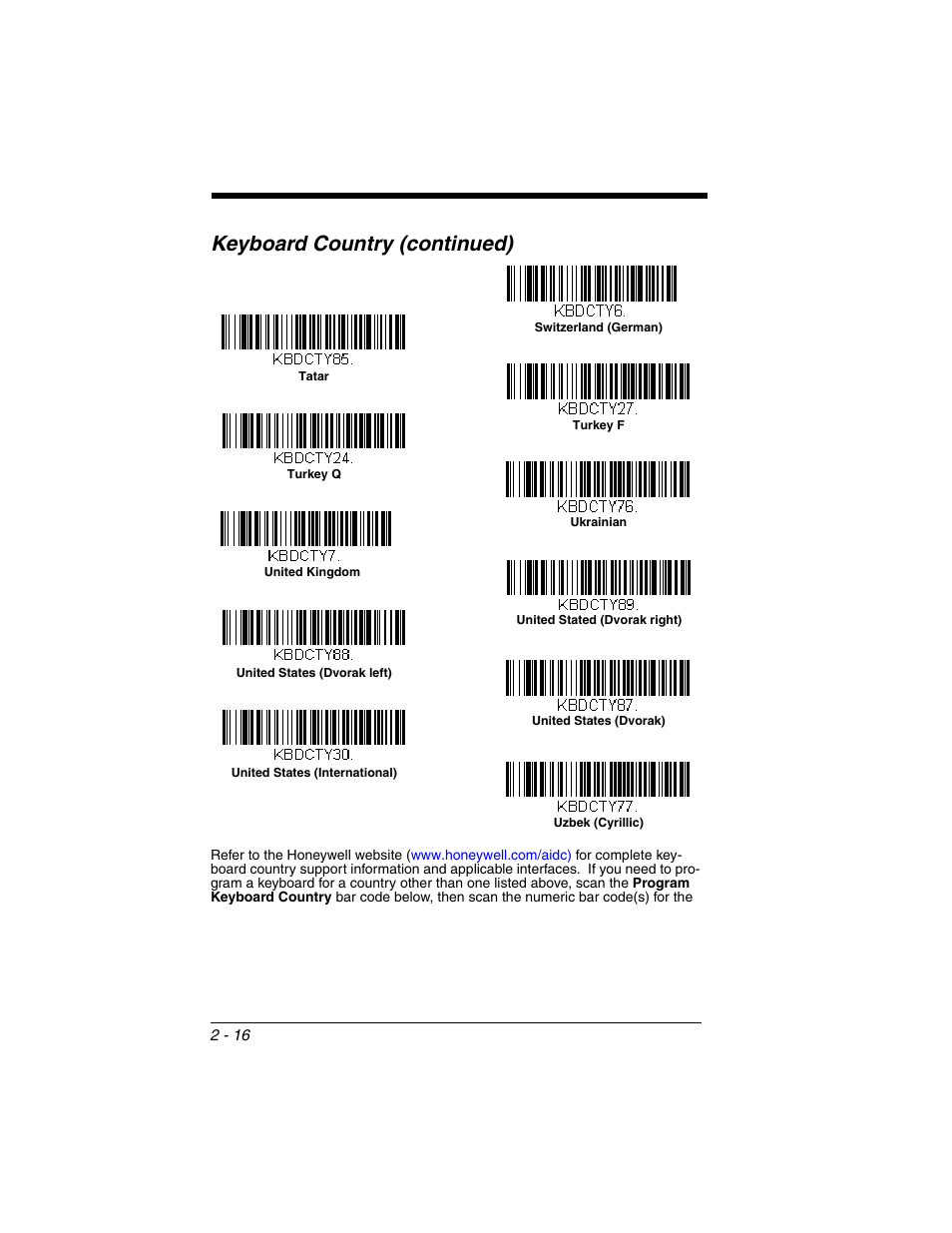 Keyboard country (continued) | Honeywell XENON 1902 User Manual | Page 50 / 312